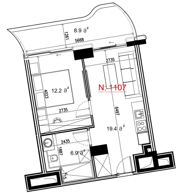 1-room, 47.4 m²