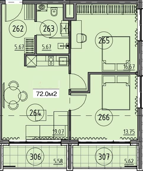 两居室, 72 m²