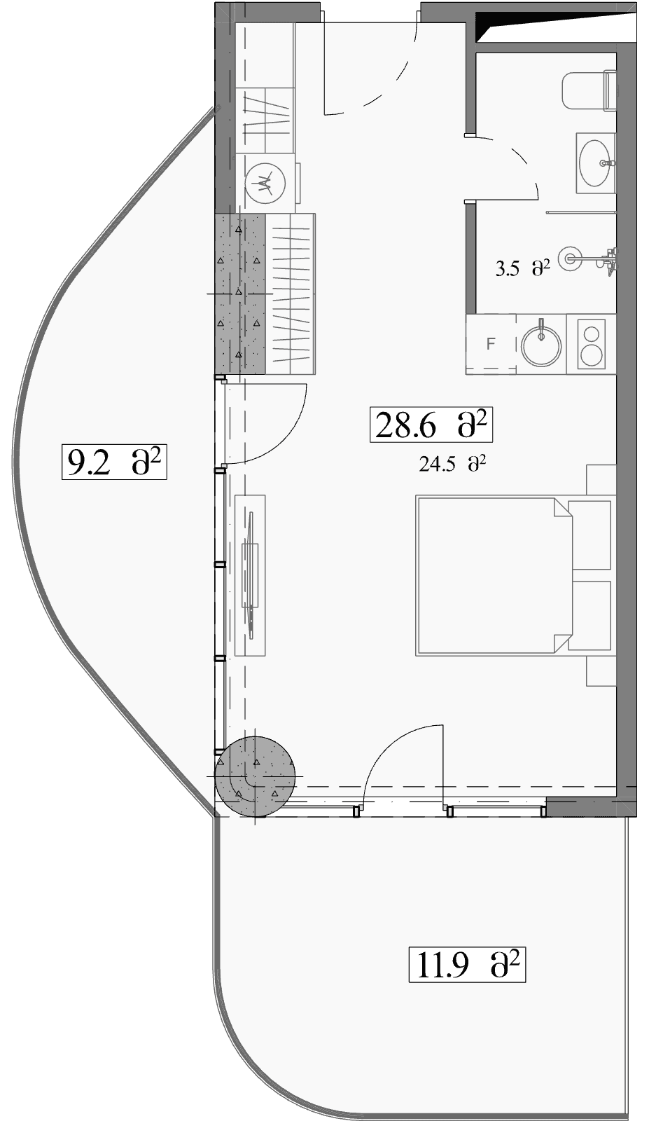 استوديو, 49.7 م²