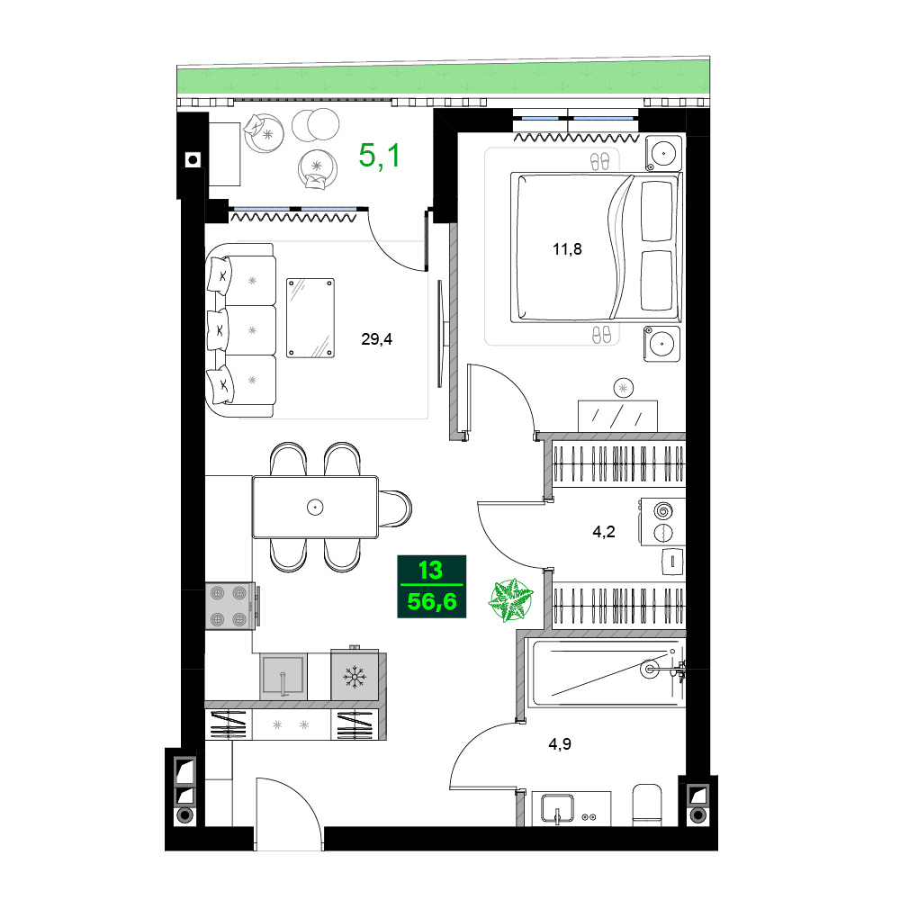 两居室, 56.6 m²