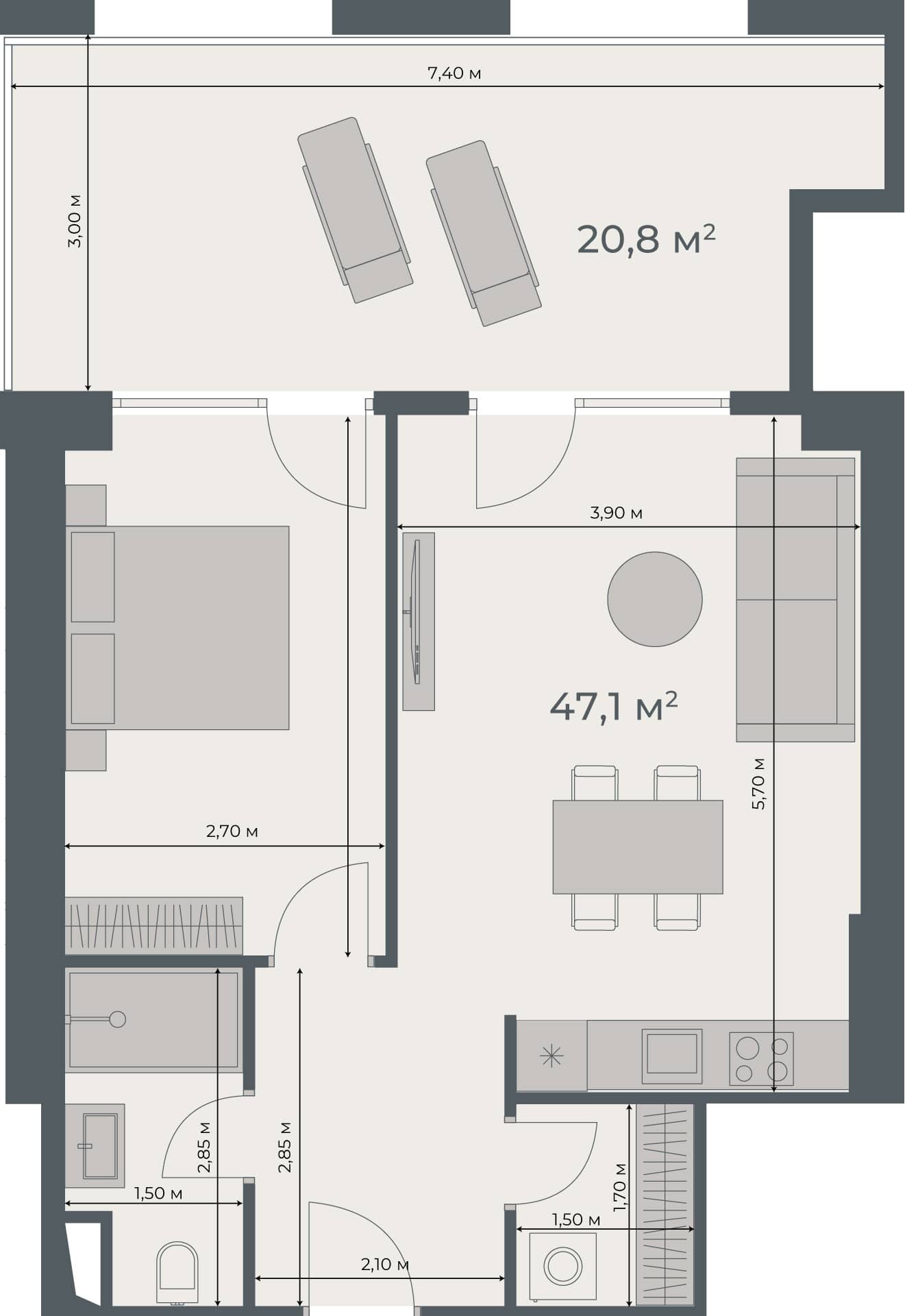一居室, 67.9 m²