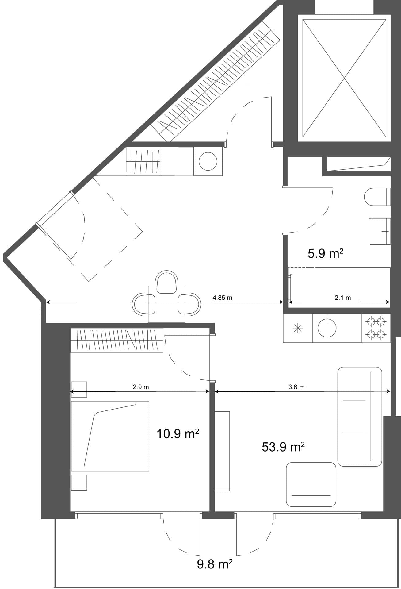 1-room, 63.7 m²