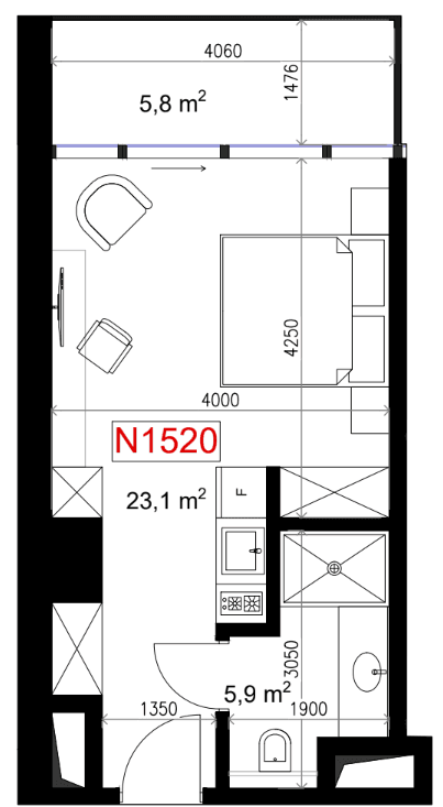 单间, 34.8 m²