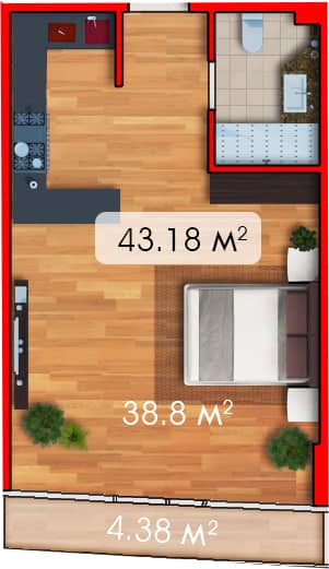 Студия, 43.2 м²