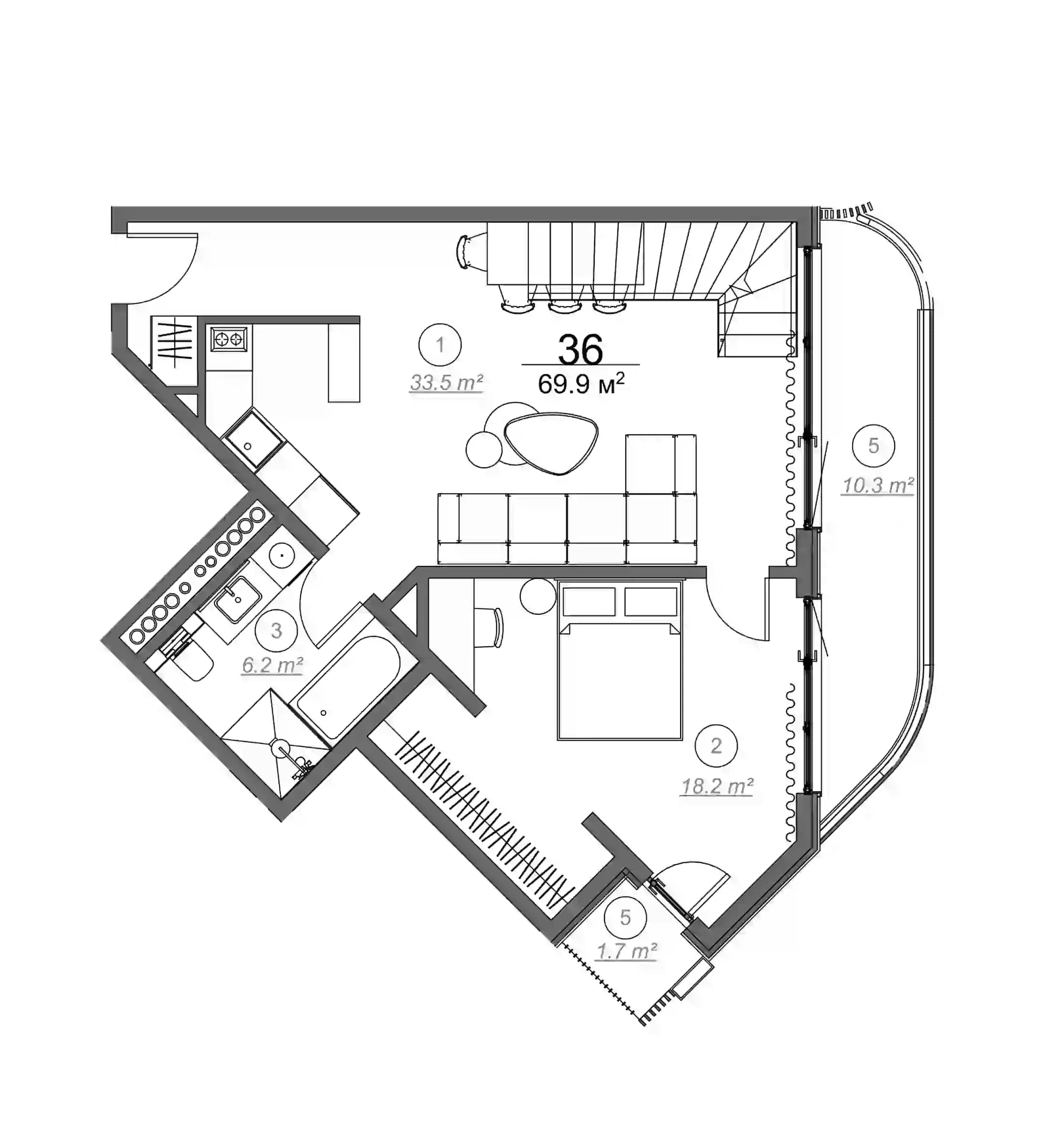 1-room, 69.9 m²