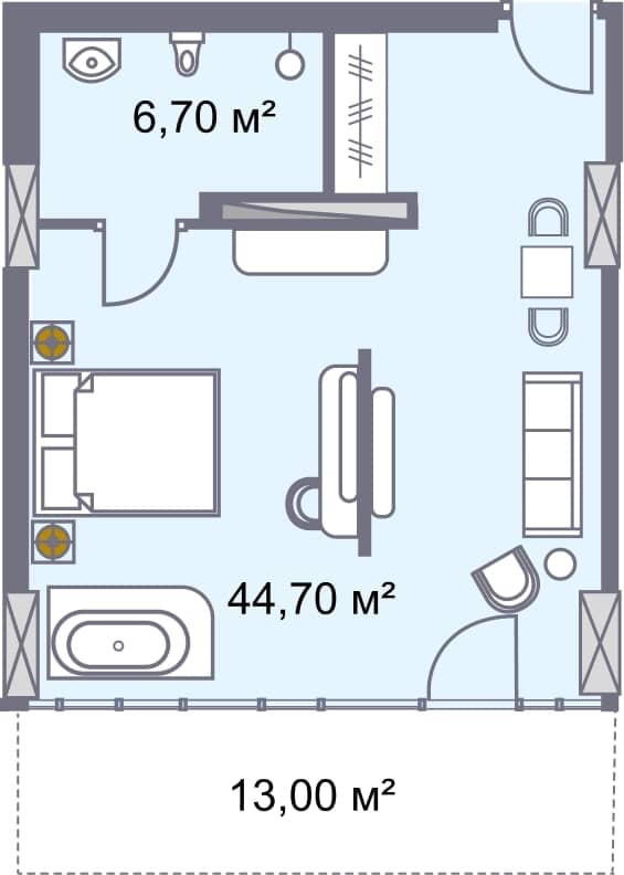 单间, 64.4 m²