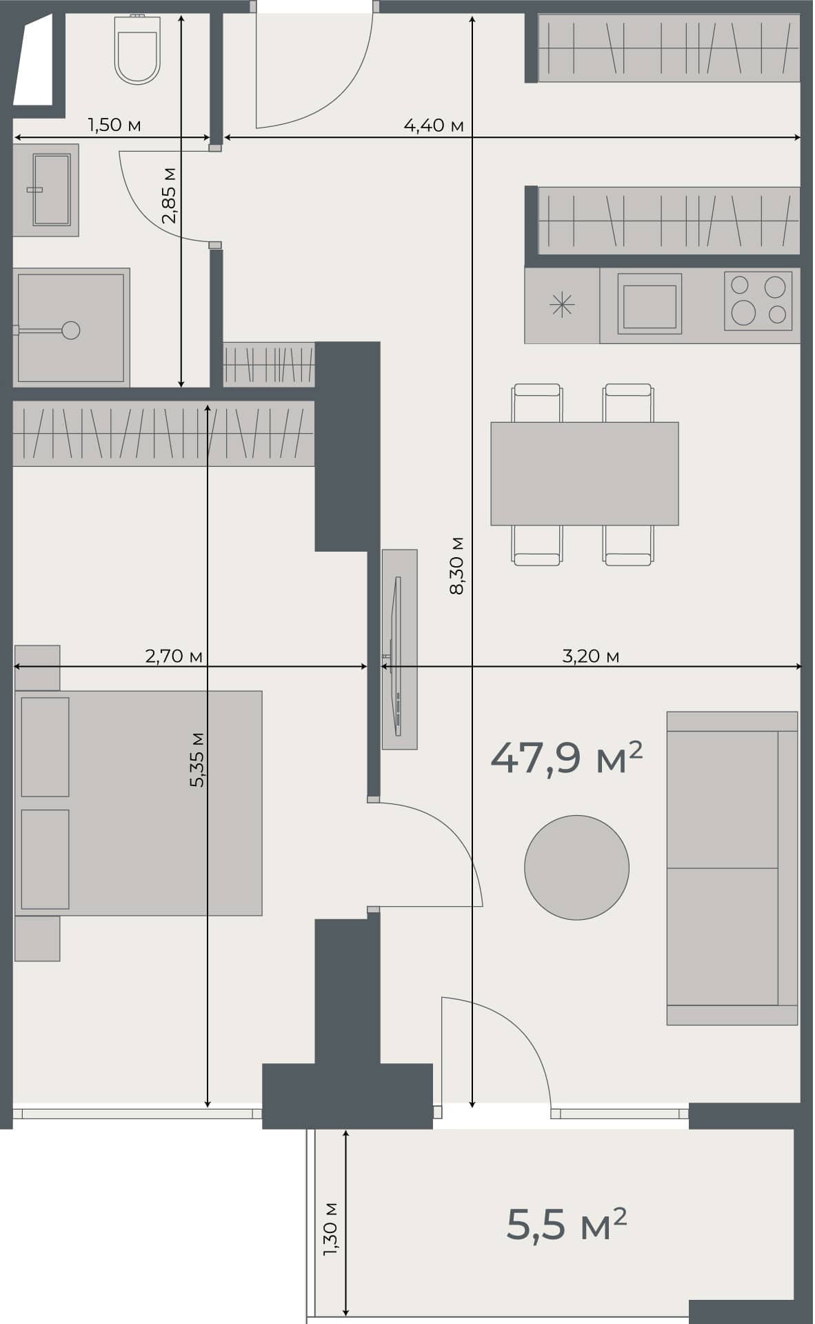 一居室, 53.4 m²