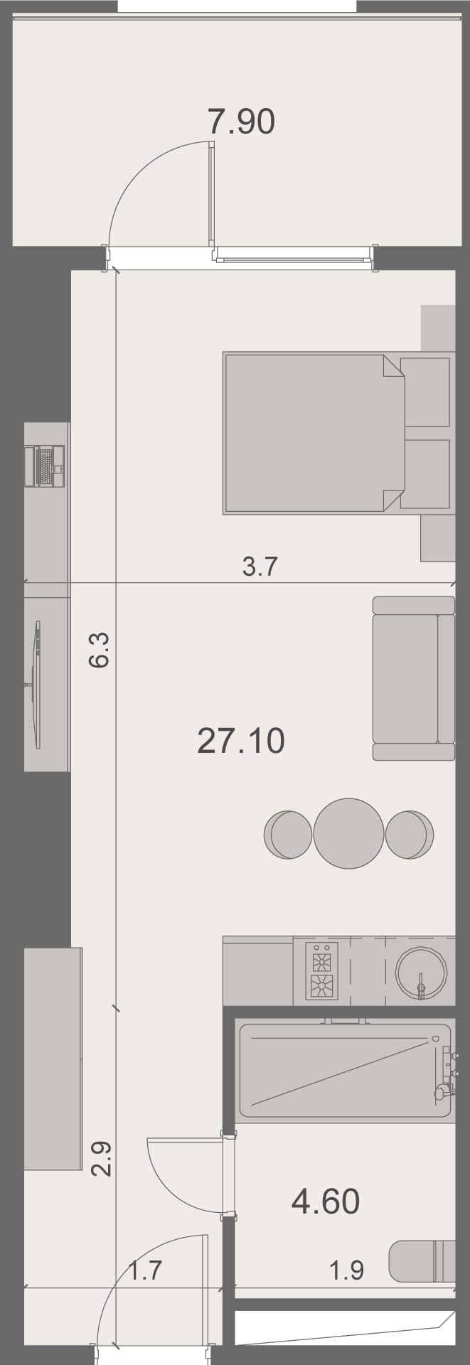 Студия, 39.5 м²