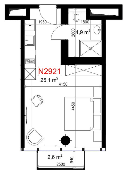 一居室, 32.6 m²