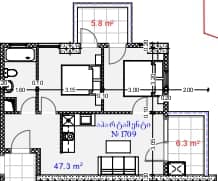 شقة بغرفتين, 59.4 م²
