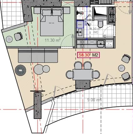 1-room, 58.3 m²