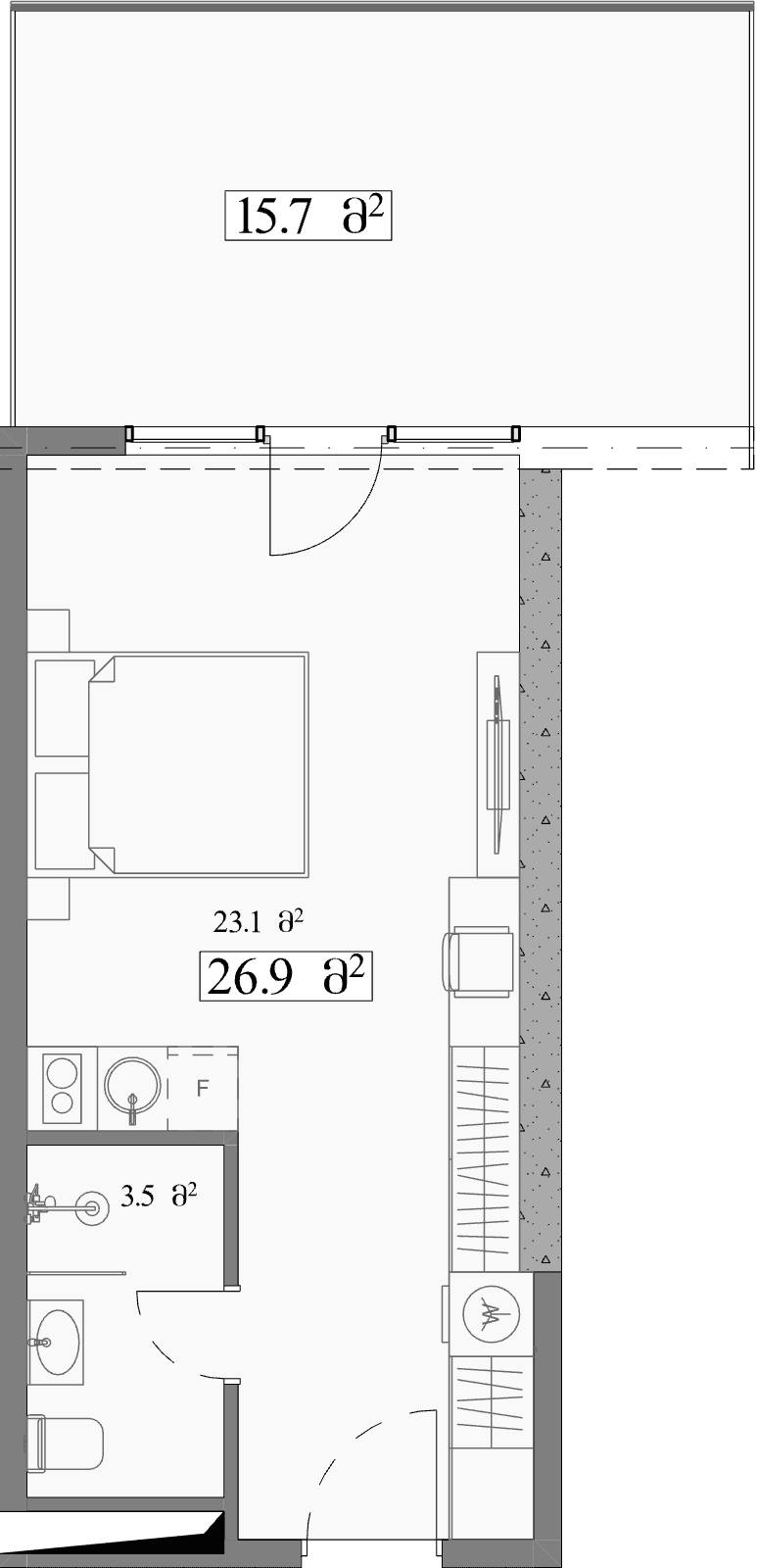 استوديو, 42.6 م²