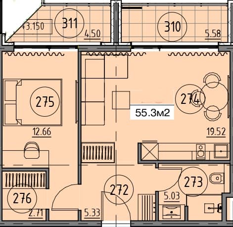 1-комн., 55.3 м²