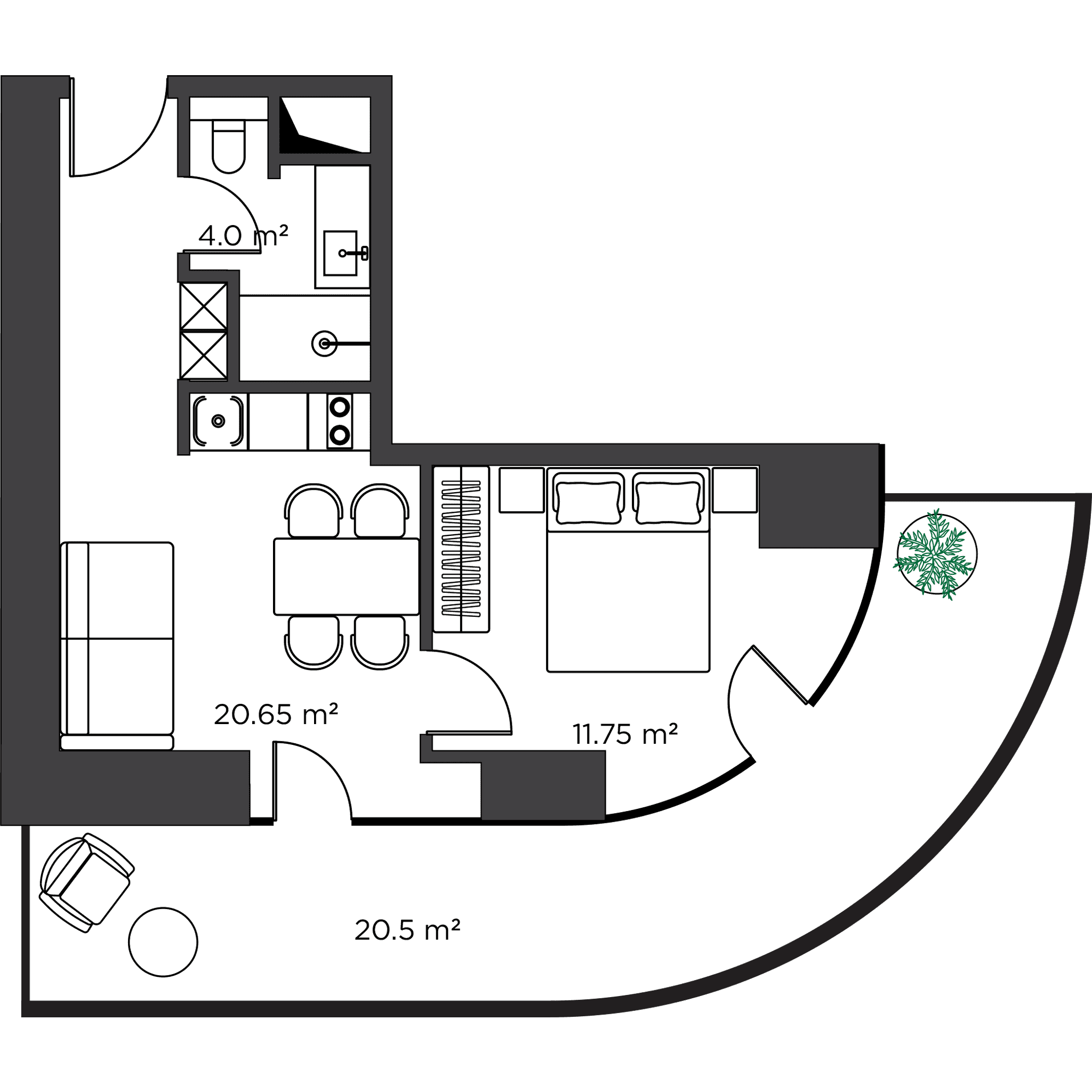 一居室, 56.9 m²