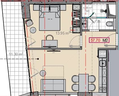 1-room, 57.7 m²
