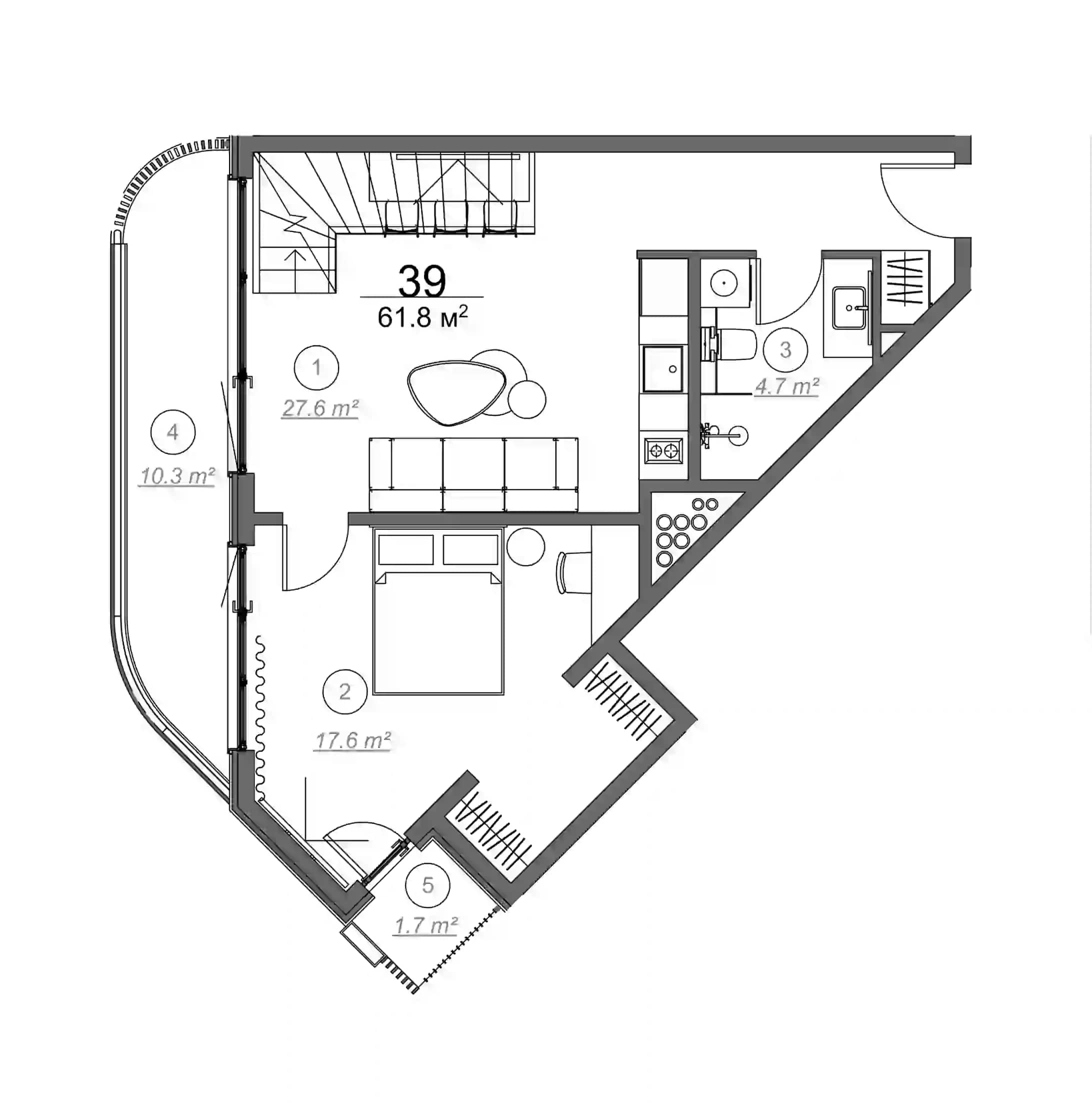 1-room, 61.8 m²
