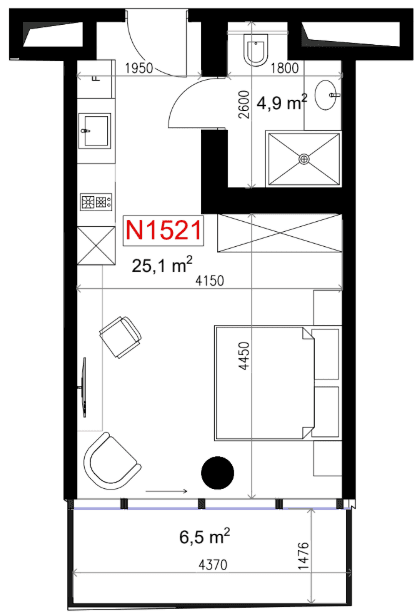 单间, 36.5 m²