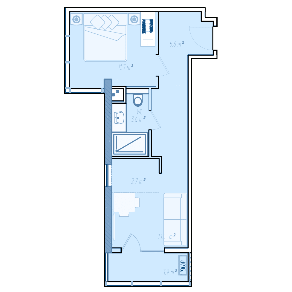 单间, 42.4 m²