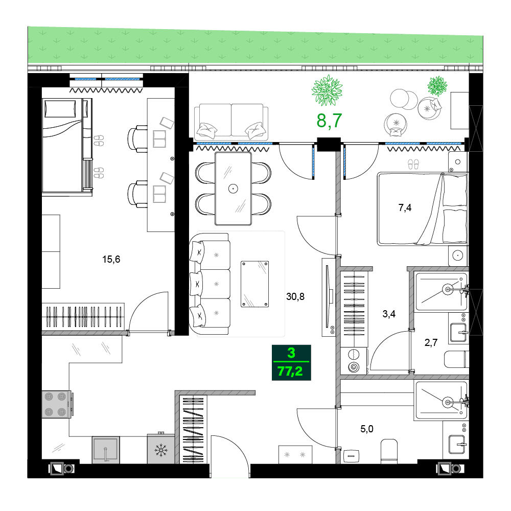 三居室, 77.2 m²