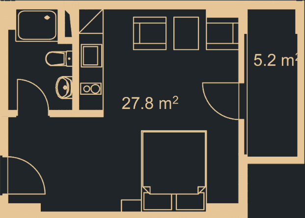 单间, 34 m²