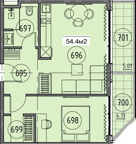 1-комн., 54.4 м²