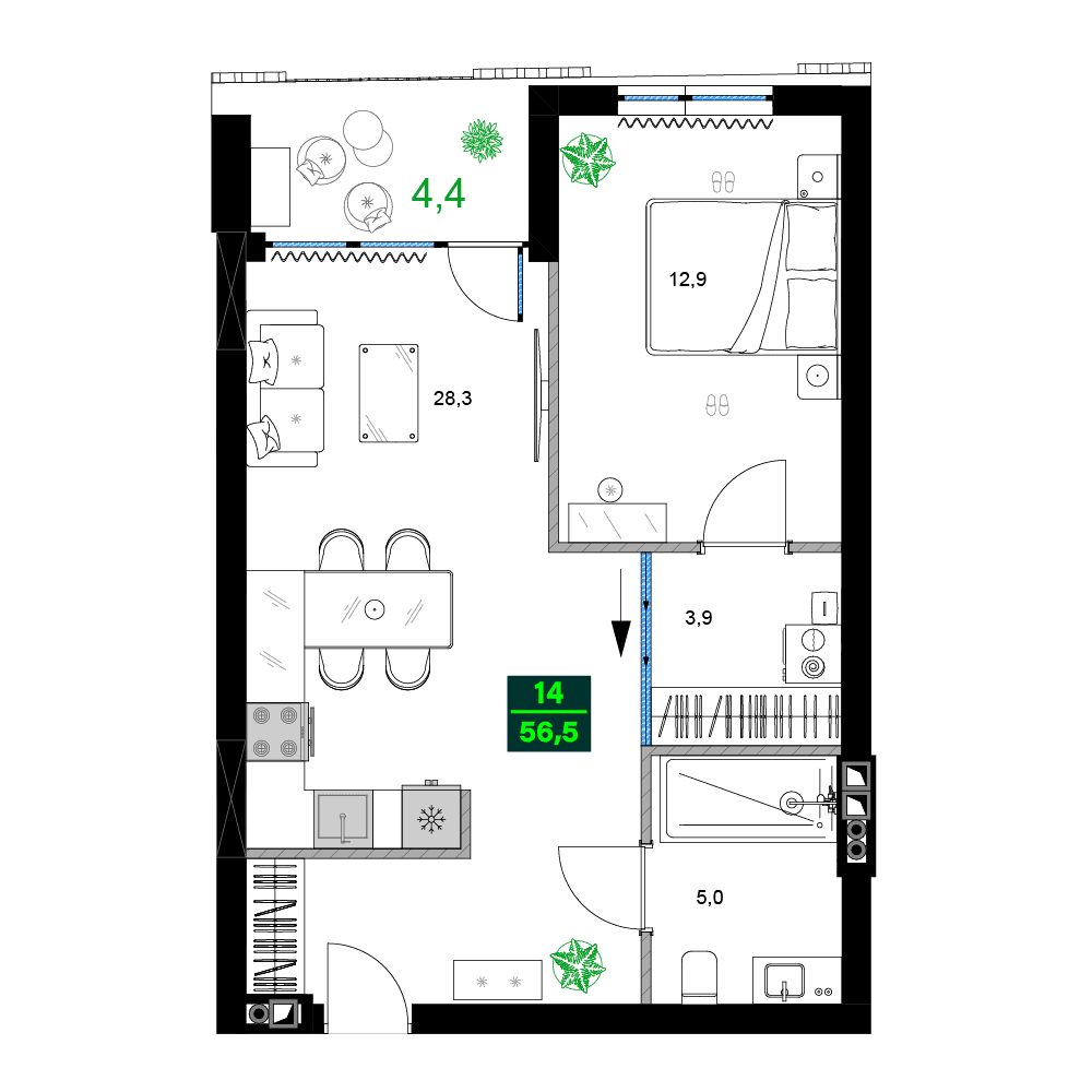 2-комн., 56.5 м²