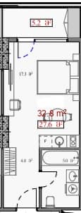 استوديو, 32.8 م²