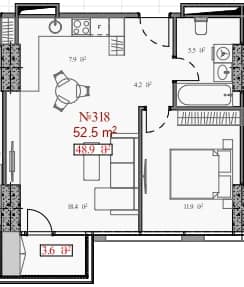 شقة بغرفة واحدة, 52.5 م²