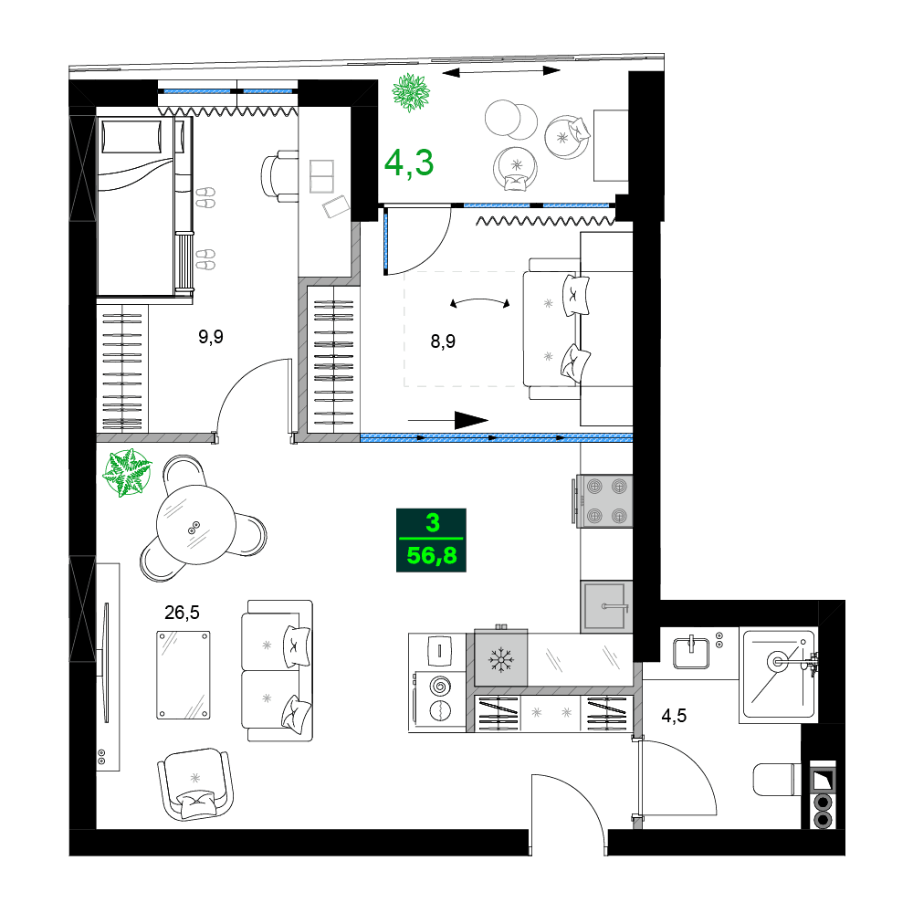三居室, 56.8 m²