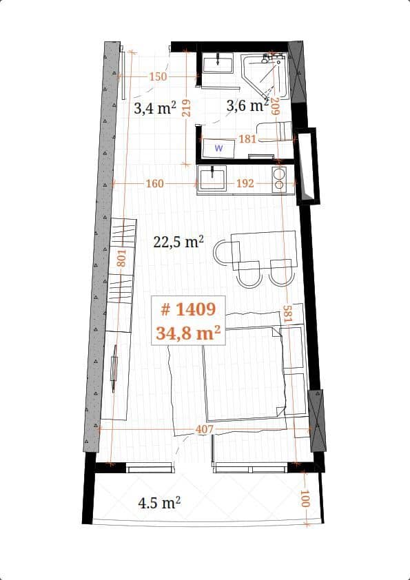 单间, 34.8 m²