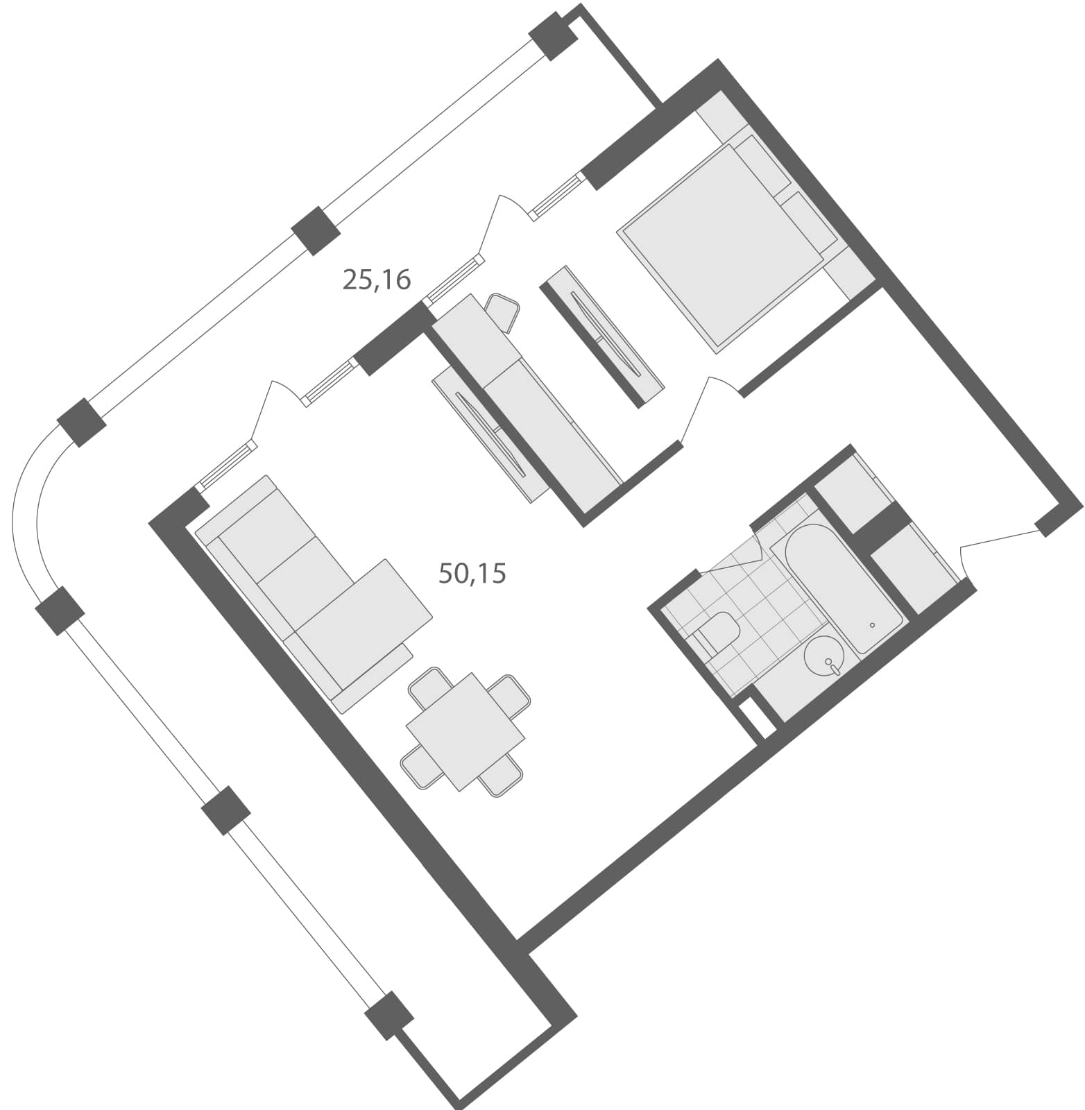 一居室, 75.3 m²