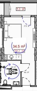 استوديو, 34.5 م²