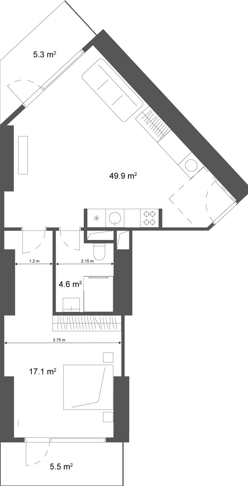 1-room, 60.7 m²