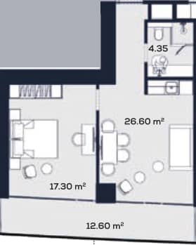 一居室, 60.9 m²
