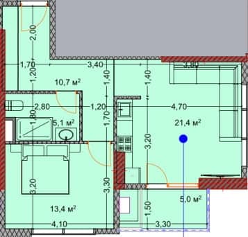 1-room, 55.4 m²