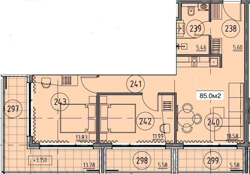 两居室, 85 m²