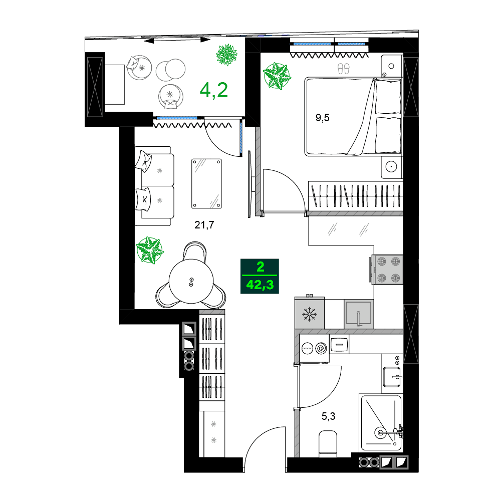 2-комн., 42.3 м²