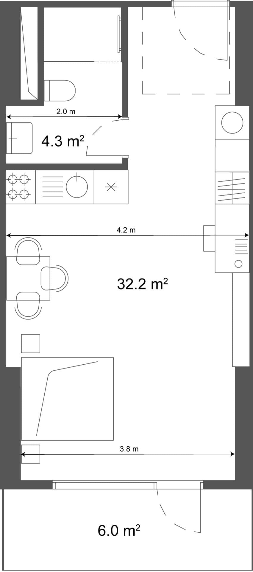 单间, 38.2 m²