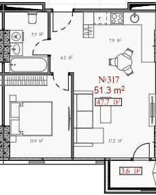 شقة بغرفة واحدة, 51.3 م²