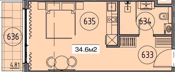 Studio, 34.6 m²