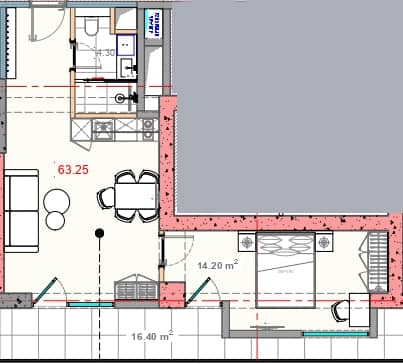 一居室, 63.9 m²