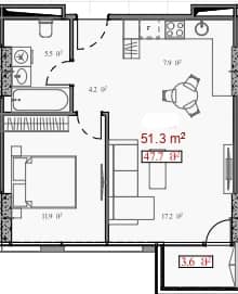 شقة بغرفة واحدة, 51.3 م²