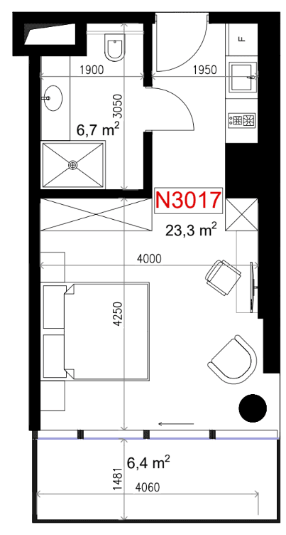一居室, 36.4 m²