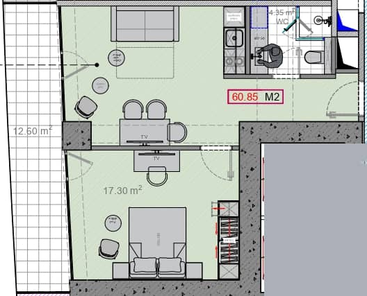 1-room, 60.9 m²