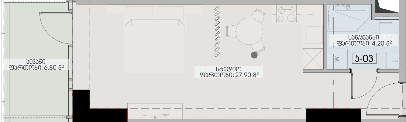 استوديو, 38.9 م²