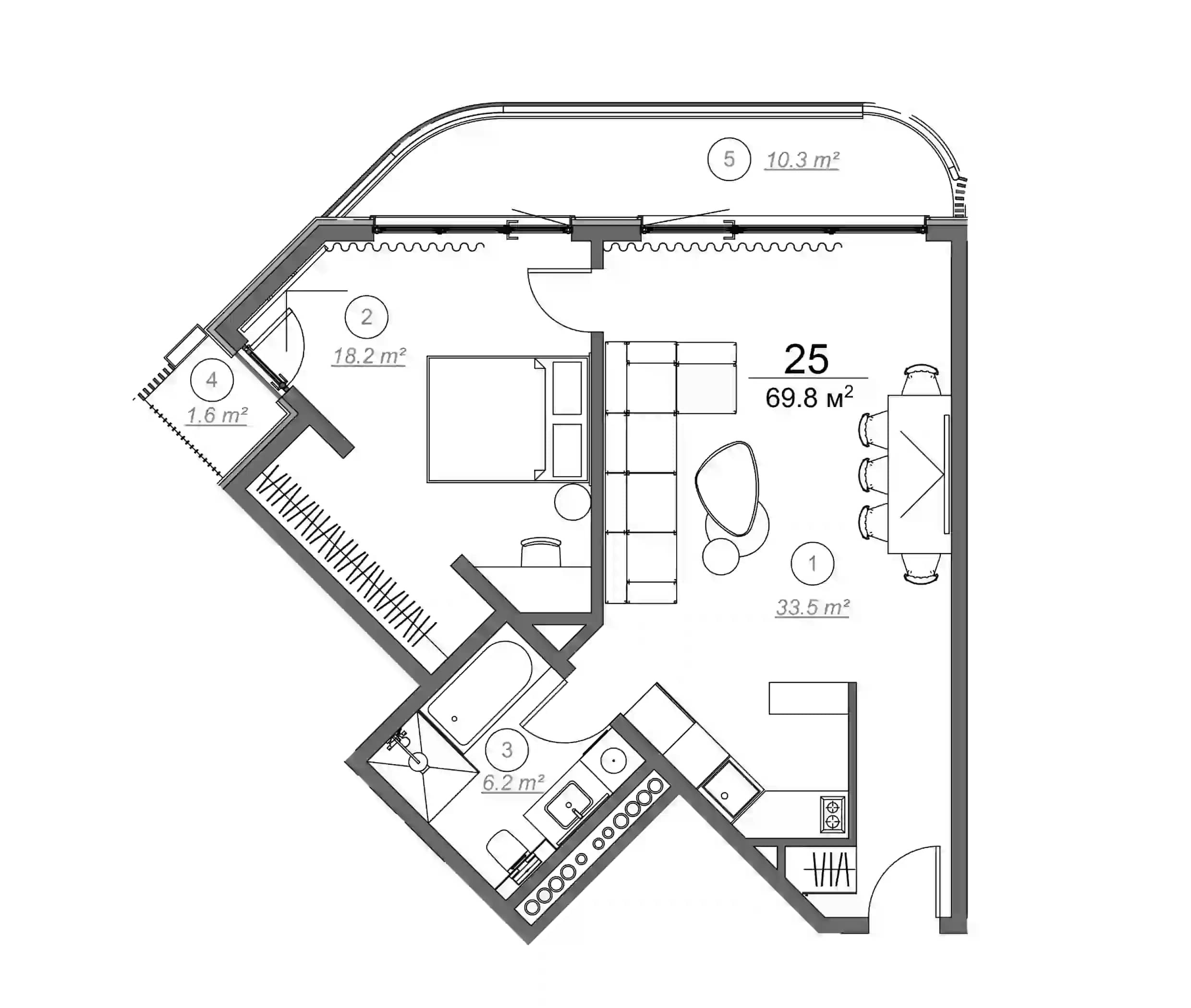 一居室, 69.8 m²