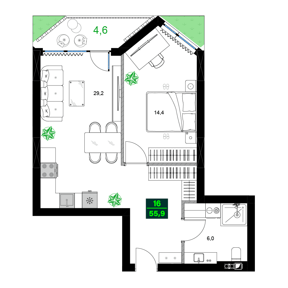两居室, 55.9 m²
