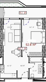 شقة بغرفة واحدة, 52.8 م²