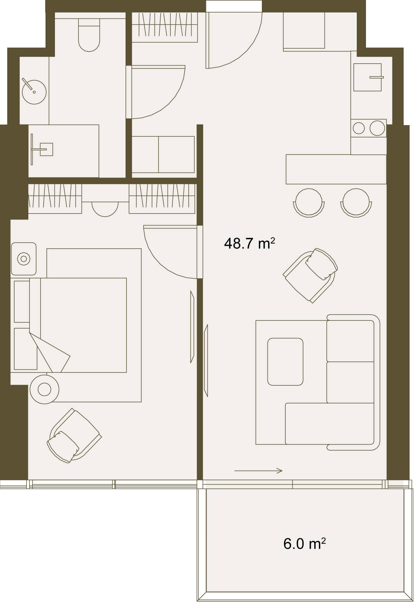 شقة بغرفة واحدة, 54.7 م²