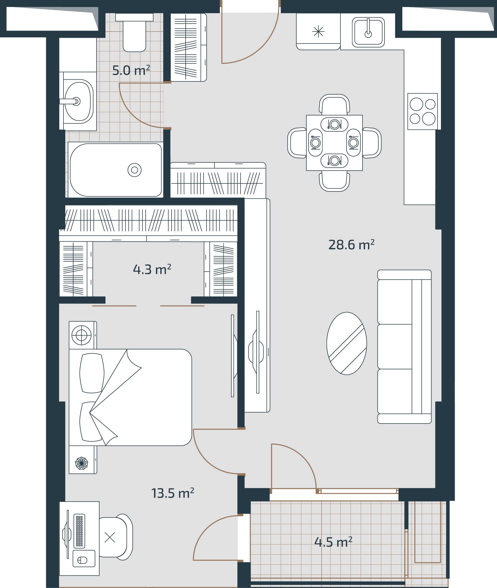 一居室, 55.9 m²